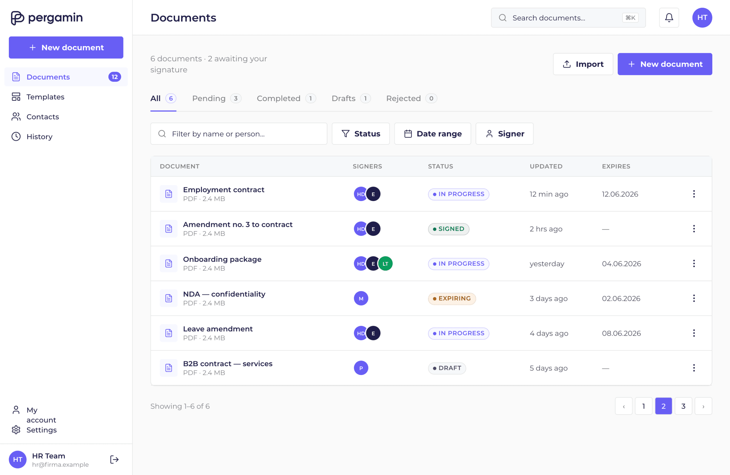 Pergamin — HR document list: onboarding packages, qualified-signature statuses and expiry dates